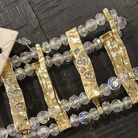 NWT Tint Clear Bead Beaded Rhinestone Stretch Thick Bracelet Gold Tone Hammered - Picture 2 of 6